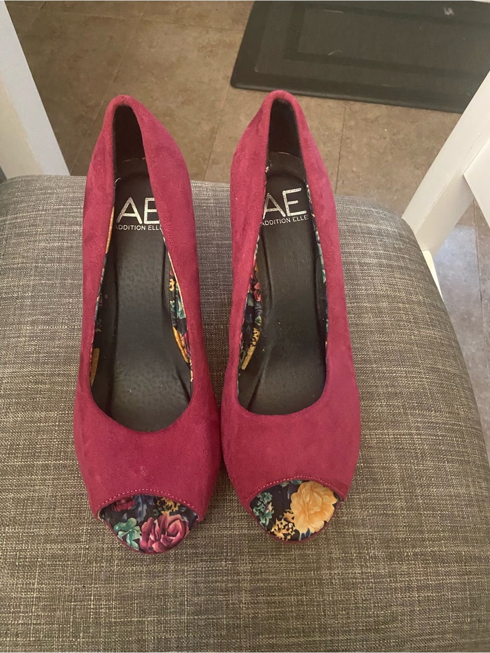 Addition Elle Suede Peep-Toe Heels in Berry